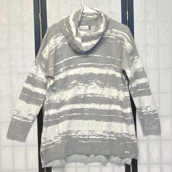 Calvin Klein Sweaters - Calvin Klein Cowl Neck Hi Low Knit Tunic Sweater Long Sleeve Swirl Grey White L